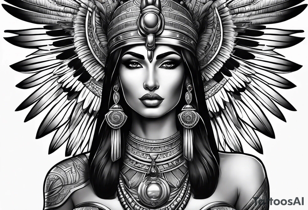 black and gray photo realistic goddess isis tattoo idea