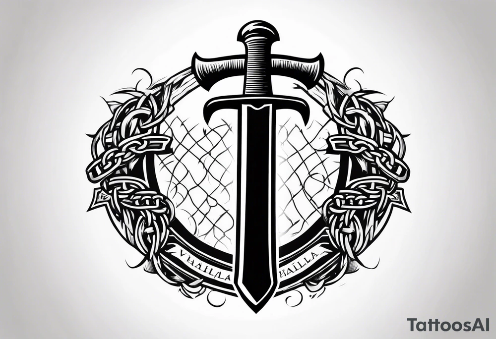 Valhalla sword round shield axe barbed wire chains tattoo idea