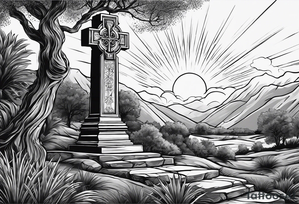 Tomb with cross and sun in the background tattoo idea