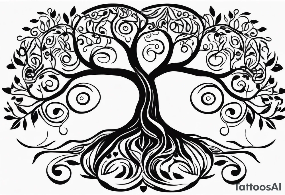 Black and white folk art whimsical tree of life drawing with roots winding all over tattoo idea