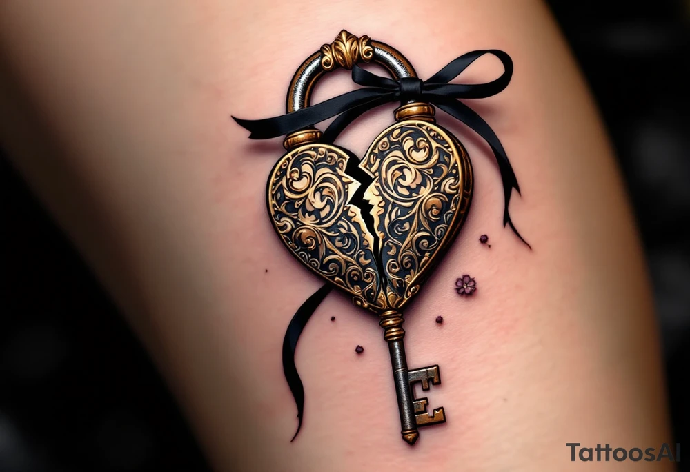 A vintage heart-shaped lock with intricate baroque detailing, cracked slightly at the center, paired with a rusted skeleton key wrapped in a thin black ribbon. The lock is shaded in antique gold and deep bronze, while the key has accents of dark silver and aged steel. Set against a soft shadow background with subtle roses or filigree placed on a calf. tattoo idea