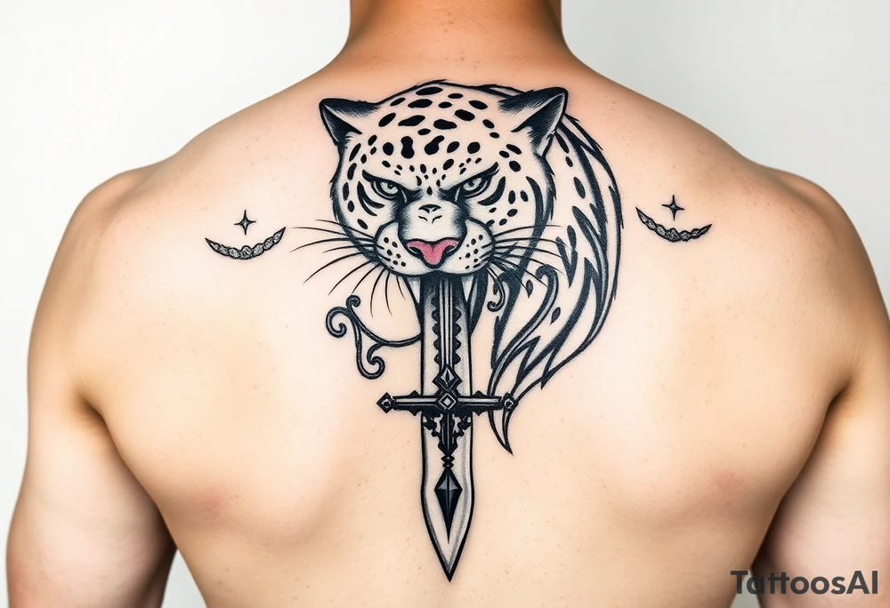mystical panther around an ancient dagger with jeweled hilt tattoo idea