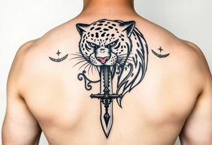 mystical panther around an ancient dagger with jeweled hilt tattoo idea