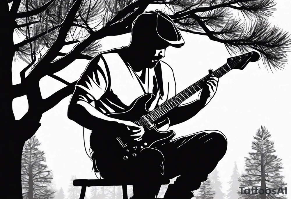 silhouette of a man playing electric guitar while sitting in a pine tree. tattoo idea