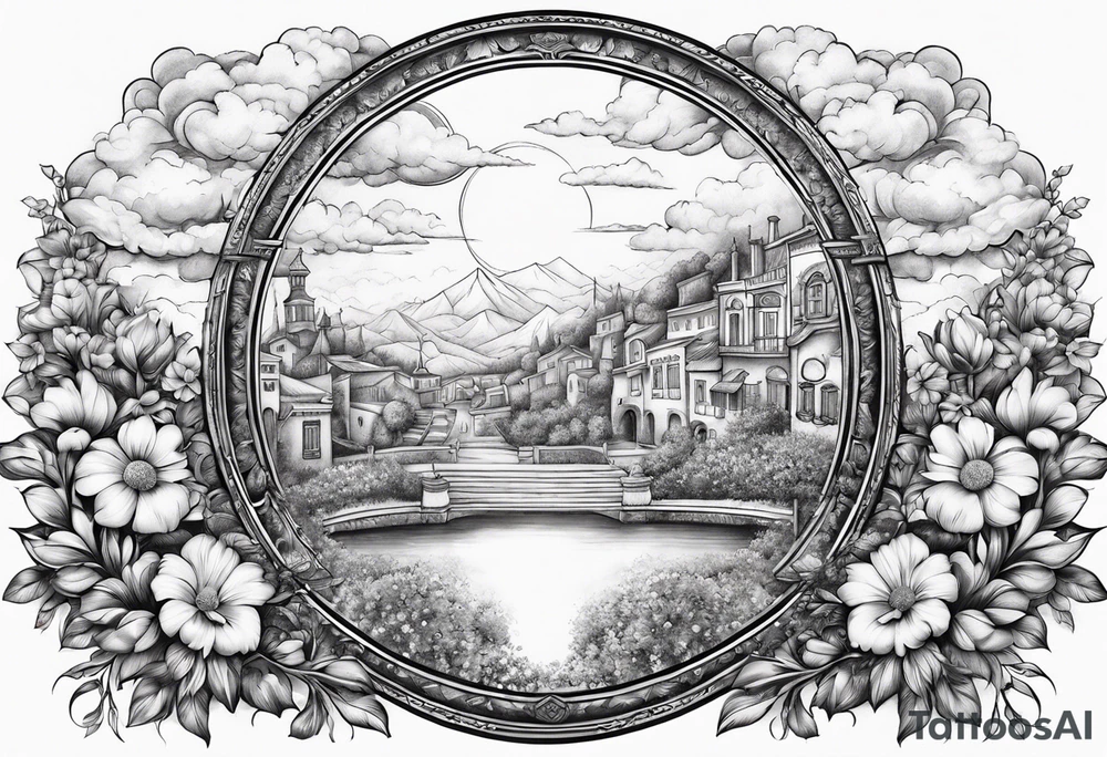 heaven town with arch
 in circle vignette surrounded by clouds flowers tattoo idea