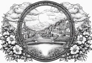 heaven town with arch
 in circle vignette surrounded by clouds flowers tattoo idea