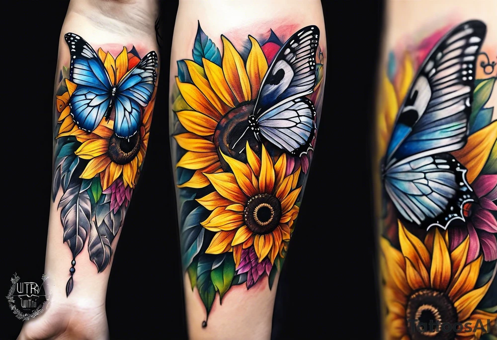 Quarter Leg sleeve with dreamcatcher, rainbow sunflowers and one butterfly tattoo idea