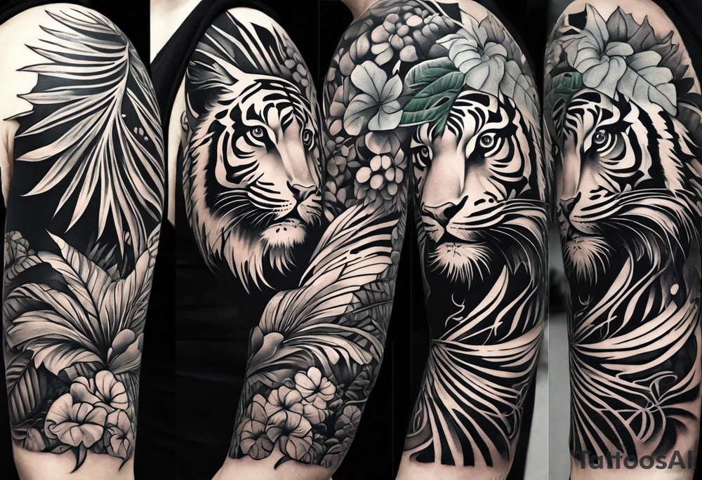 Full arm tattoo sleeve design.  Smaller 
abstract tiger coming down front of shoulder, monstera foliage on forearm, beach landscape on bicep tattoo idea