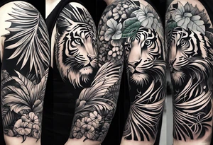 Full arm tattoo sleeve design.  Smaller 
abstract tiger coming down front of shoulder, monstera foliage on forearm, beach landscape on bicep tattoo idea