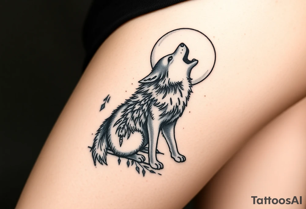 lone wolf howling at full moon with northern lights backdrop tattoo idea