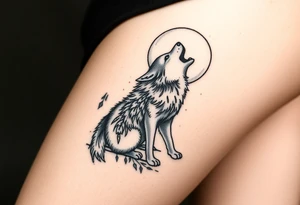 lone wolf howling at full moon with northern lights backdrop tattoo idea