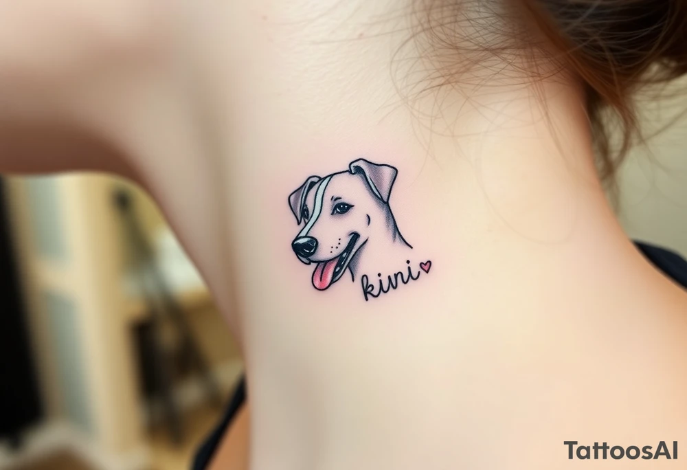 One line tattoo of female dog with white strip going up dog’s snout slightly off centered. With  toy and the dogs tongue slightly out and the name kiwi and an Aquarius them to it . Just the colors black  white brown with a small heart near by tattoo idea