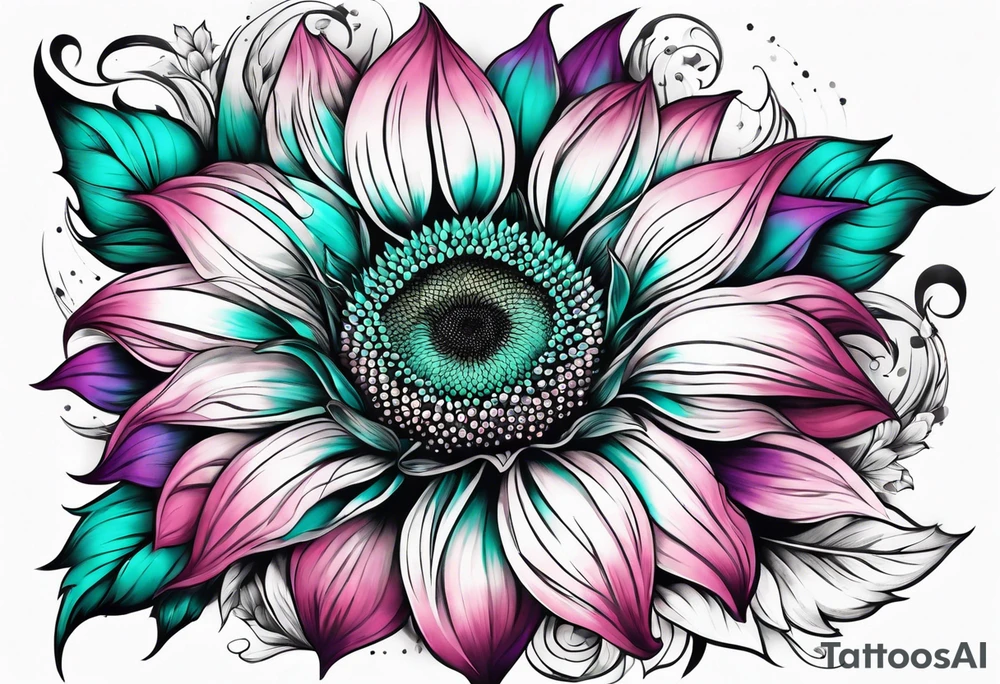 Teal, pink and purple sunflower sleeve tattoo idea