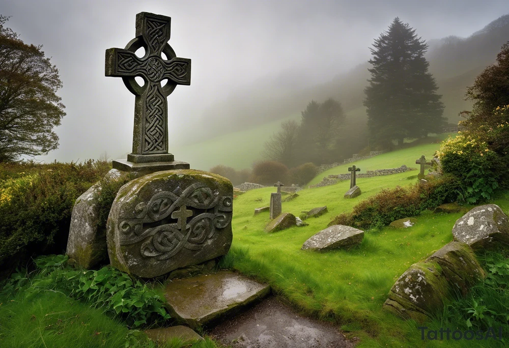 A stone Celtic cross standing tall against the backdrop of a misty, overgrown hillside. The cross is fashioned from weathered gray stone, its arms intricately carved with intertwining knots and spirals that evoke the artistry of ancient Celtic craftsmanship. At the intersection of the arms, a large, flat stone serves as the base, adorned with a carving of a knotwork circle. Perched atop the outermost arm of the cross is a raven, its ebony feathers shining in the soft, diffused light. The bird's head is tilted slightly to the side, its beady eyes fixed on something in the distance, as if lost in thought or contemplation. The surroundings are quiet and serene, with a light breeze rustling through the wild grass and the distant calls of unseen birds. The Celtic cross stands as a testament to the enduring spirit of the Celts, its presence echoing through the centuries, its story waiting to be told. tattoo idea