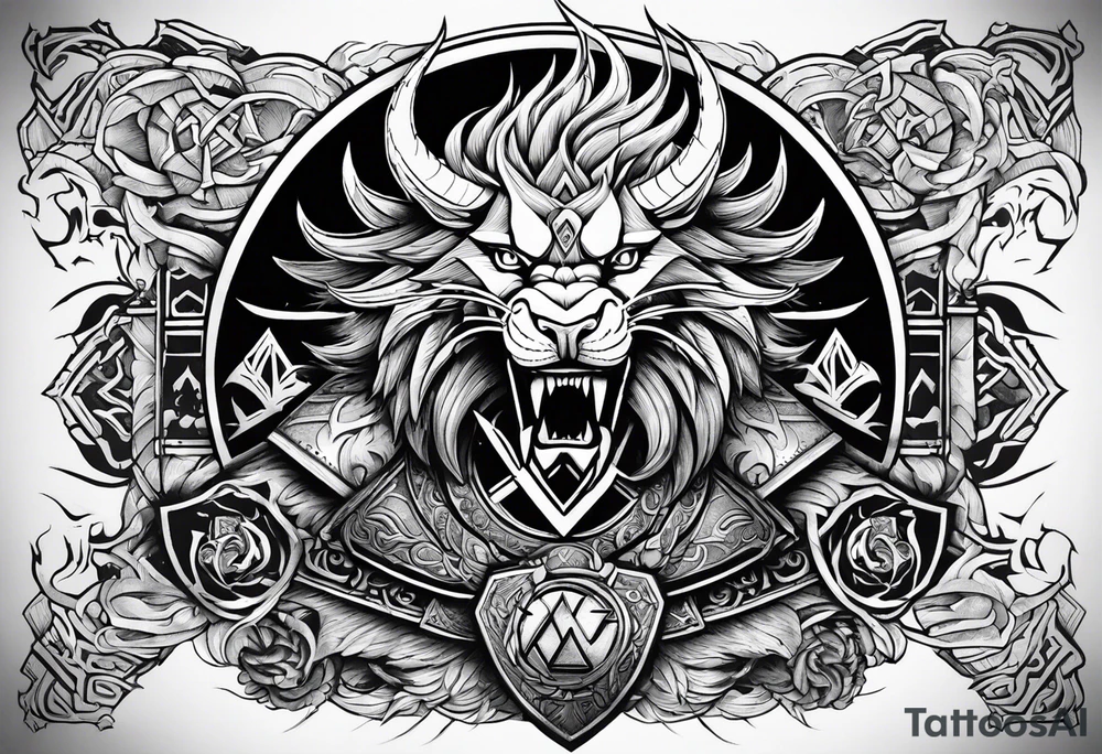 Valhalla sword shield  axe  dragon lion
Valknut  ruins lightnings tattoo idea