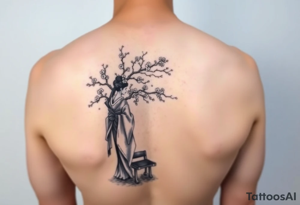 Japanese geisha with cherry blossom tree river and stone bench tattoo idea
