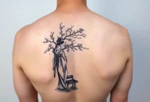 Japanese geisha with cherry blossom tree river and stone bench tattoo idea