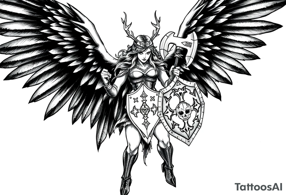 A fierce looking Valkyrie with very big dark wings. The whole body with legs should be visible. 
She's wielding a menacing axe and a sturdy shield with a vegvisir symbol. tattoo idea