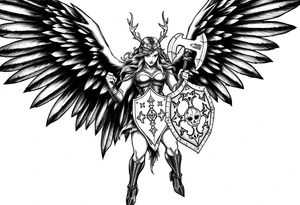 A fierce looking Valkyrie with very big dark wings. The whole body with legs should be visible. 
She's wielding a menacing axe and a sturdy shield with a vegvisir symbol. tattoo idea