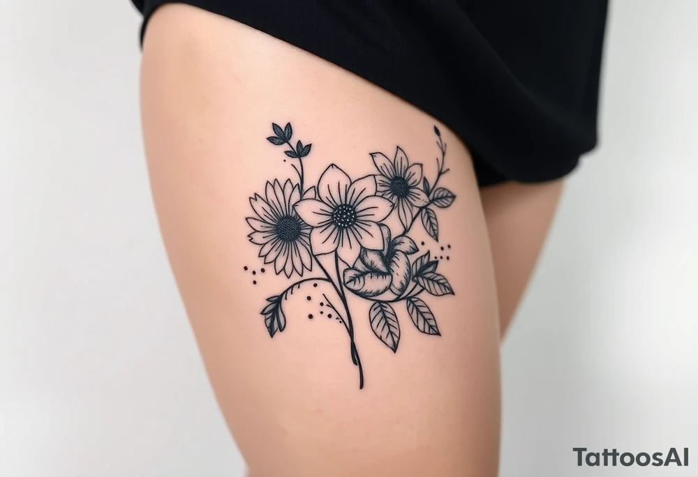 Honeysuckle, marigold, chrysanthemum, and violet bouquet tattoo idea