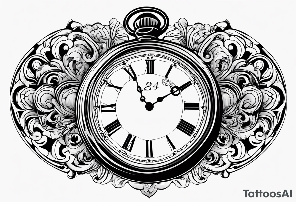 Pocket watch with the time 5:25 on. Underneath a scroll with 04/09/2014 tattoo idea