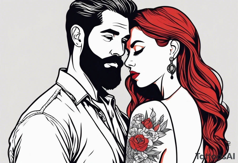 Busty Red haired woman with black haired bearded man tattoo idea