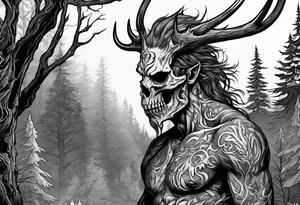 A scary terrifying horrifying rotting bone lore accurate wendigo side profile surrounded by a forest fire in background tattoo idea