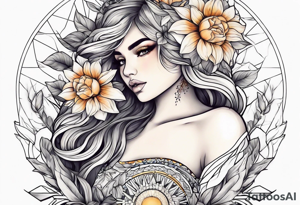Flowers sun girl sleeve tattoo idea