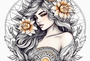 Flowers sun girl sleeve tattoo idea