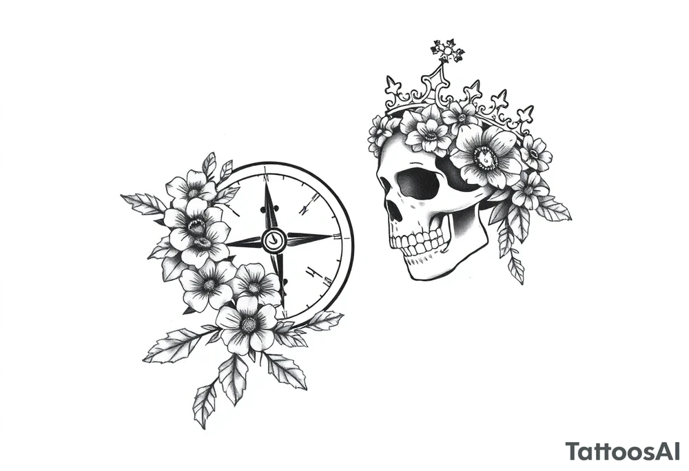 Compass with detailed beautiful gothic boho flowers on vine and skull with gorgeous crown tattoo idea