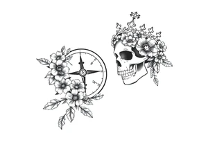 Compass with detailed beautiful gothic boho flowers on vine and skull with gorgeous crown tattoo idea