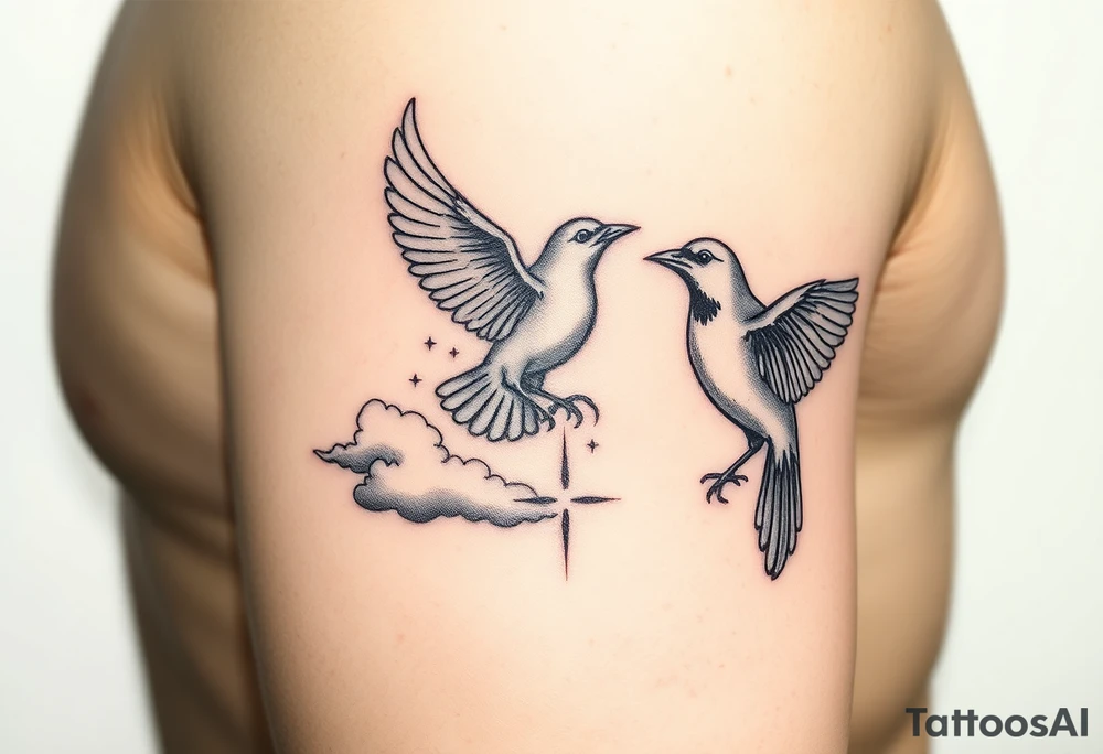 Dove and a blue jay, clouds, shining light to or from heaven tattoo idea