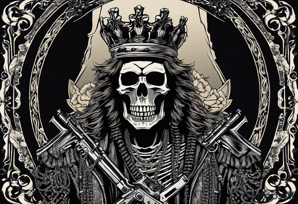 image of a skeleton standing frontally with a crown on his head, holding an AK-47 on his shoulder with his right hand. The chain on the left should be taut, there are three angry barking Dobermans in it, near the waist tattoo idea