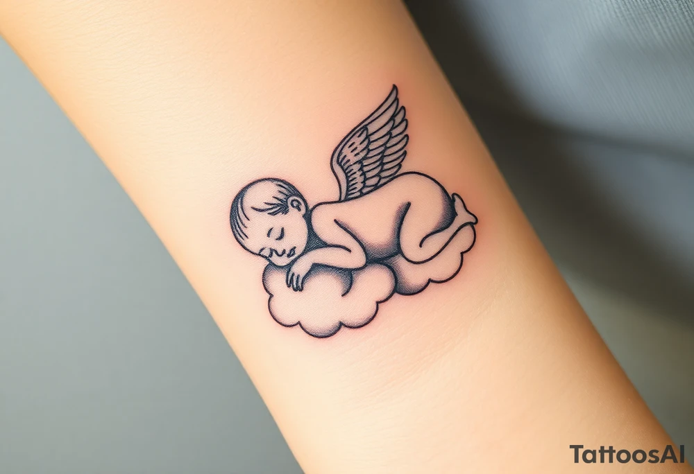 Sleeping Winged baby, laying on the clouds tattoo idea