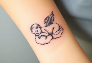 Sleeping Winged baby, laying on the clouds tattoo idea