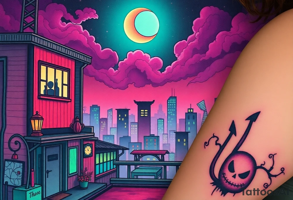 Tim Burton’s haunted pastel Tokyo apartment and dripping with muted reds, dusty pinks, and eerie green glow.purple and cyan smokey clouds swirl in the crescent moonlit sky thats sprinkled with stars tattoo idea tattoo idea
