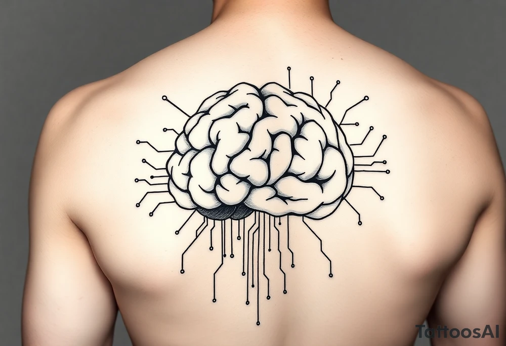 Elegant line art of a human brain connected to circuit lines, symbolizing programming and logic tattoo idea