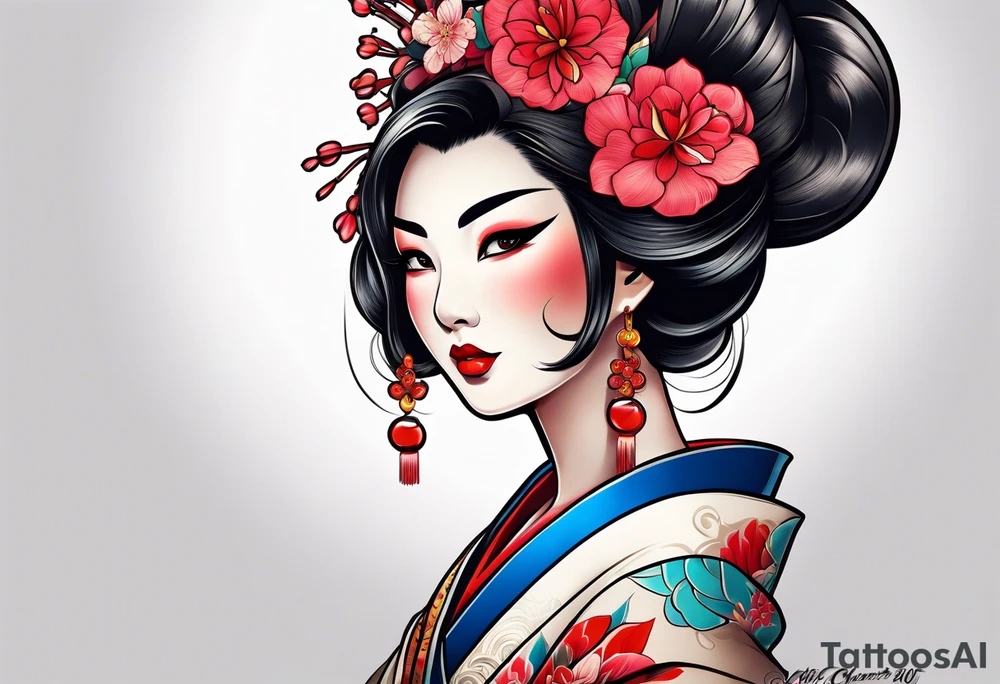 neo traditional Geisha pinup tattoo idea