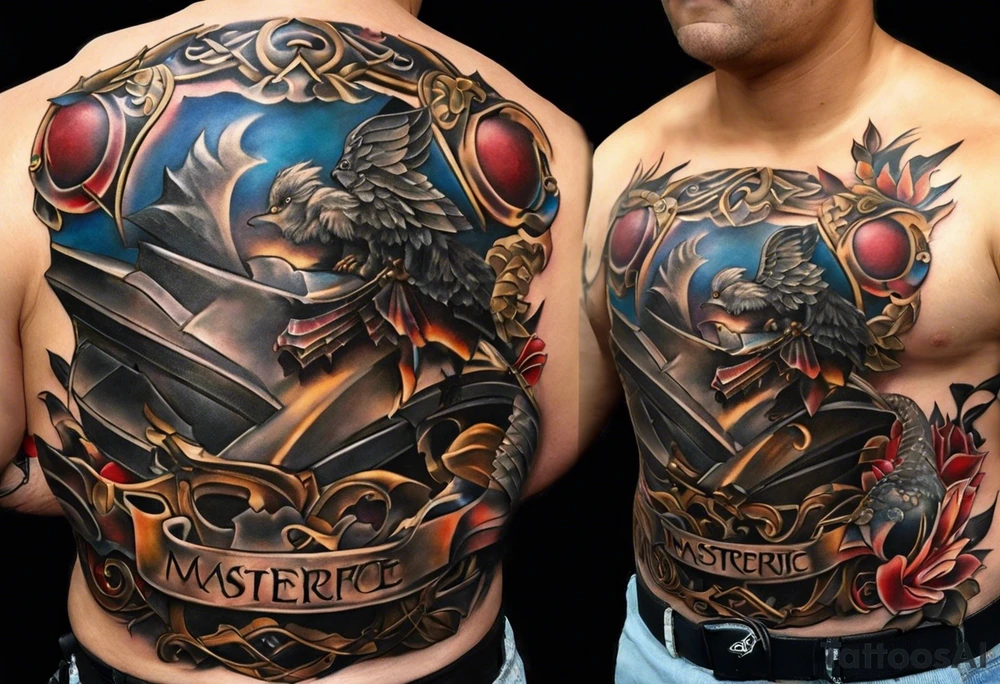 half sleeve tattoo. from a distance looks like a pauldron but closer the pieces of armor are from parts of my life. family, and interests. Father of 3 boys (1 passed), husband, martial arts for 3 decades. 1 1st degree and 1 2nd degree black belt.  Lets start there. tattoo idea