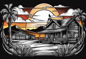 Country western cowboy saloon sunset shootout tattoo idea