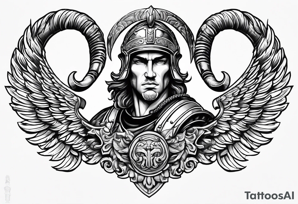 Roman soldier figure, ram's horns, guardian angel tattoo idea