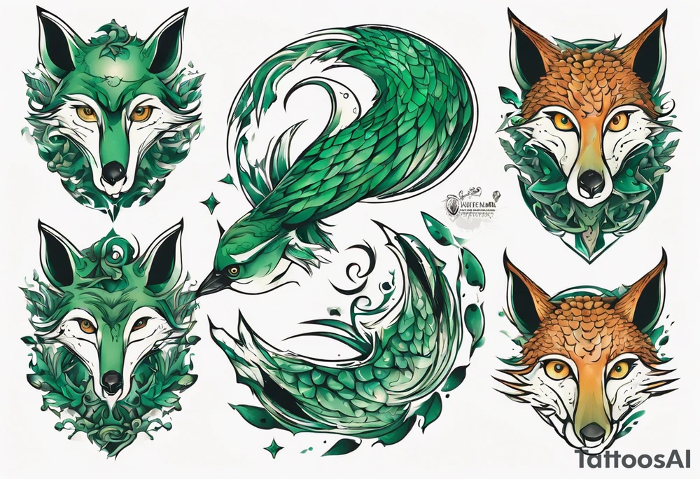 fisch, fuchs und eule , grün , symetrie universum tattoo idea