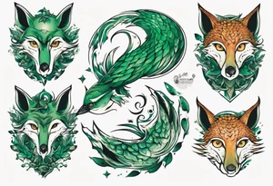 fisch, fuchs und eule , grün , symetrie universum tattoo idea