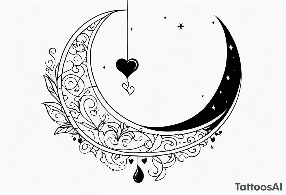 Crescent moon with hearts dangling from the bottom of it tattoo idea