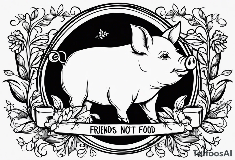 cute pig or piglet.
with text: "friends not food" 

only very thin lines. no shading. black and white only. simple outline only tattoo idea