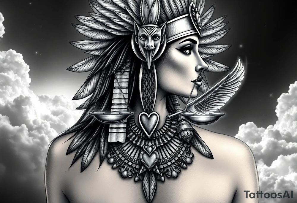 Beautiful Egyptian goddess with an elegant body, depicted as a regal woman with an ostrich feather headdress, and intricate ancient Egyptian jewelry such as the Anhk necklace. Background includes something similar to heaven. Incorporate the Scales of Justice—one side holding a heart, the other Ma’at’s feather—glowing with ethereal energy. Emphasize dramatic lighting, deep shadows, and surreal, mystical atmosphere tattoo idea