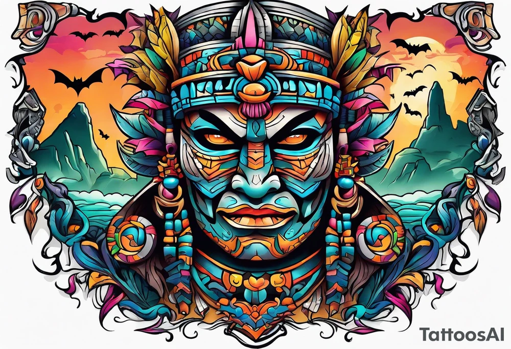 Colorful Mayan cave and bats tattoo idea