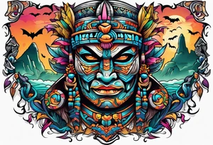 Colorful Mayan cave and bats tattoo idea