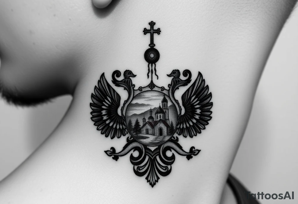 Traditional authentic Russian coat of arms with a Christian orthodox virgin marry in the middle and silhouette in a Russian wilderness Christian orthodoxy dome church village setting on the side of my neck tattoo idea
