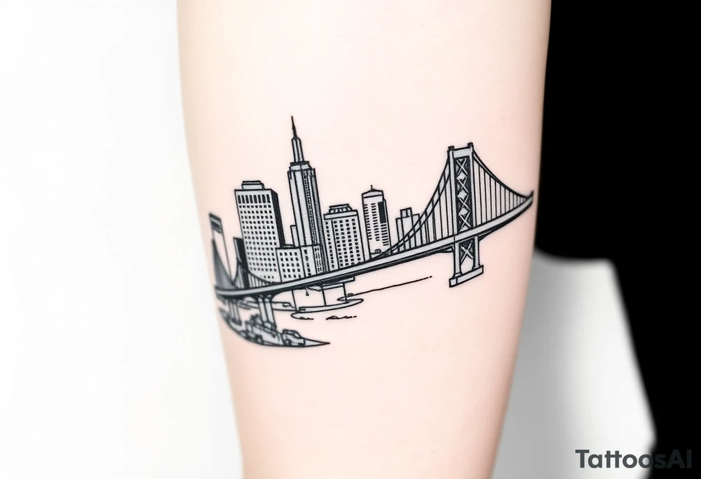 design a linework tattoo for the pittsburgh full marathon that i can get vertically on the back of my calf right below the knee pit. include the buildings in pittsburgh and one of the pittsburgh bridges tattoo idea